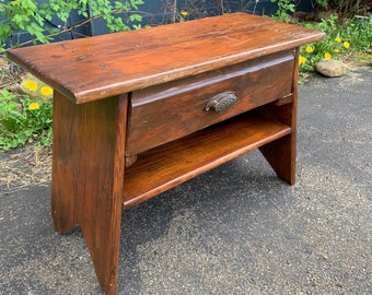Small Antique Bench with Single Drawer, Farmhouse Wood Stool, Primitive Crock Water Bench