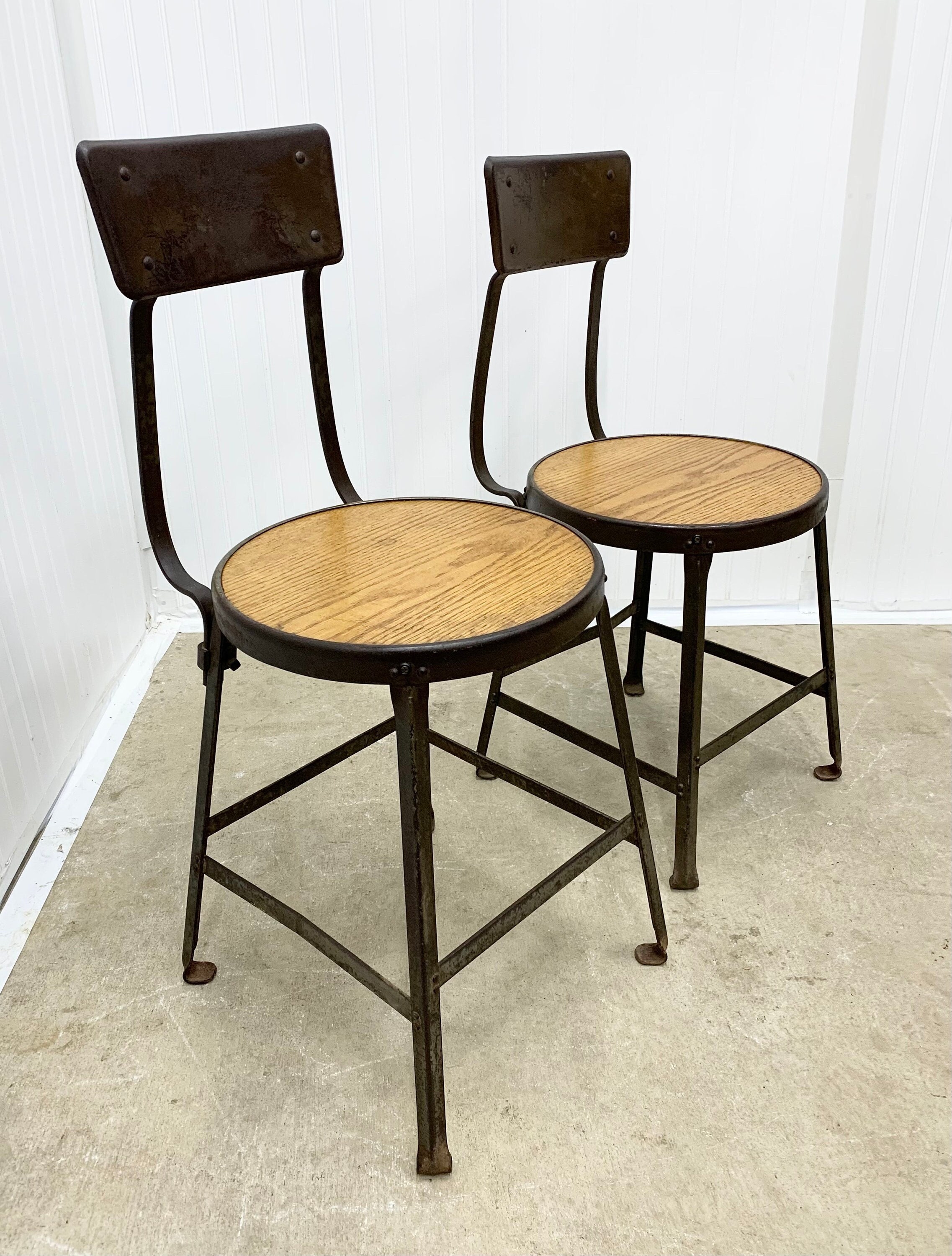 Pair of Vintage Steel Industrial Metal Shop Stools Oak Seat Mid