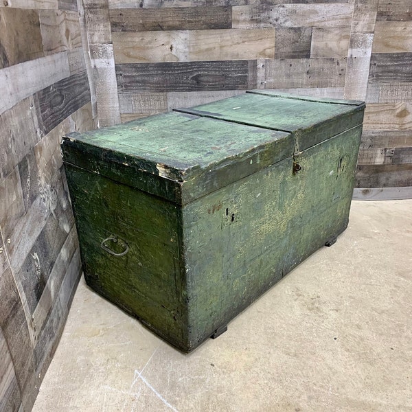 Large Antique Trunk, Handmade Wood Chest with Forged Iron Handles, Green Paint, Primitive Storage