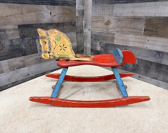 Vintage Ride On Rocking Horse, Old Children's Wooden Toy