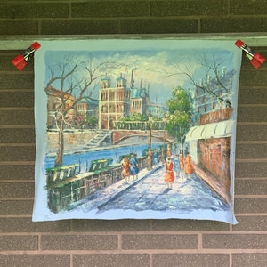 Vintage Paris by the River Painting, 27x23 Artwork on Canvas