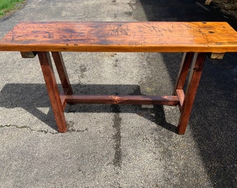 Antique Wood Workbench, Primitive Industrial Repurposed Console Table