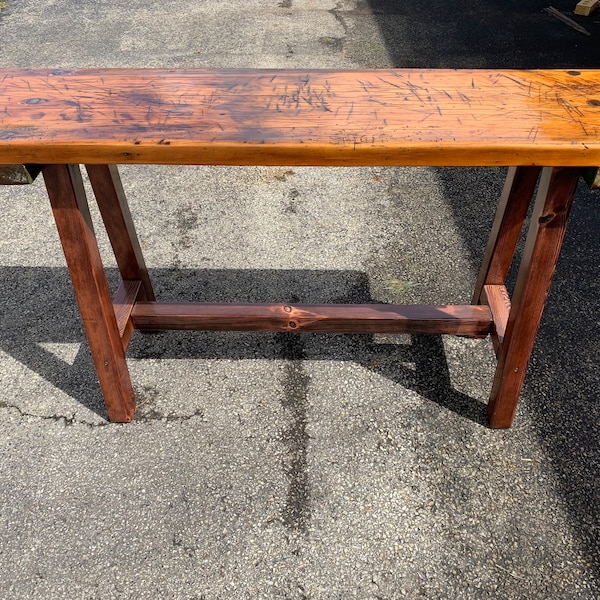 Antique Wood Workbench, Primitive Industrial Repurposed Console Table