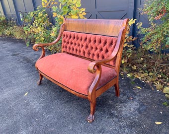 Antique Deacon's Bench, Upholstered Settee, Carved Lion Paw Feet, Karpen Loveseat - Shipping is NOT FREE - Pickup in Smithfield, PA 15478