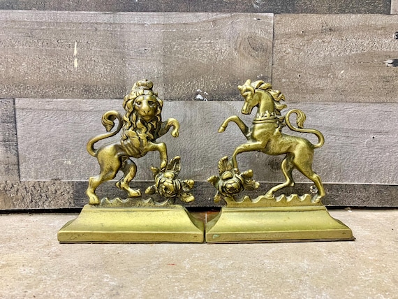 Antique Brass Bookends, Lion with Crown and Unicorn, Victorian Home Decor