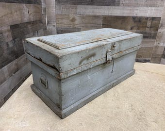 Antique Carpenters Chest, Painted Gray Wood Storage Trunk, Primitive Farmhouse Tool Box