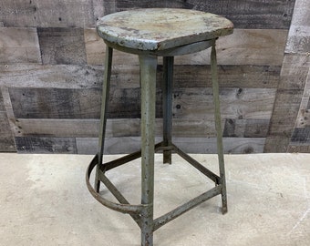 Vintage 26" Industrial Shop Stool, Primitive Metal Backless Chair with Footrest