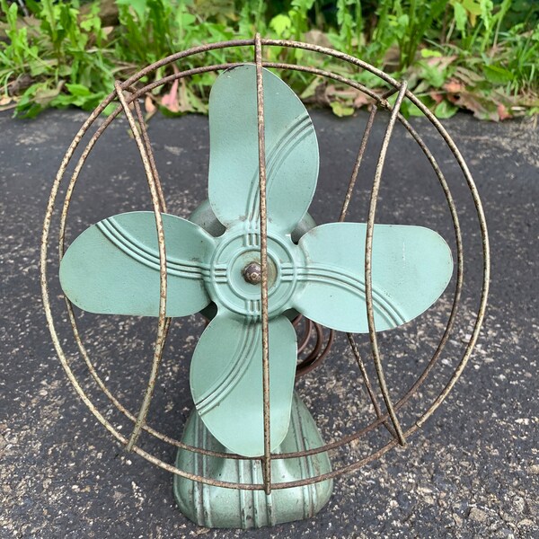 Vintage Retro Metal Desk Fan, WORKING Green 1940's Tanker Style Tilt Fan