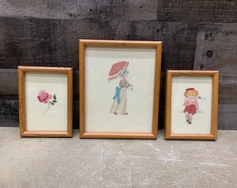 Set of 3 Vintage Needlepoint Pictures, Framed Flower Boy Child Woman, Retro Home Decor Gift