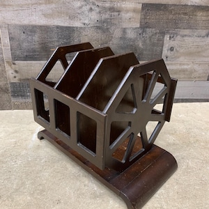 Vintage Art Deco Magazine Rack, Retro Vinyl Record Storage, Solid Wood Display Shelf
