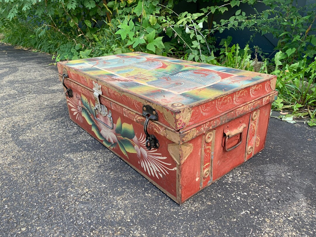 Antique Metal Steamer Trunk Vintage Hand Painted Storage Etsy