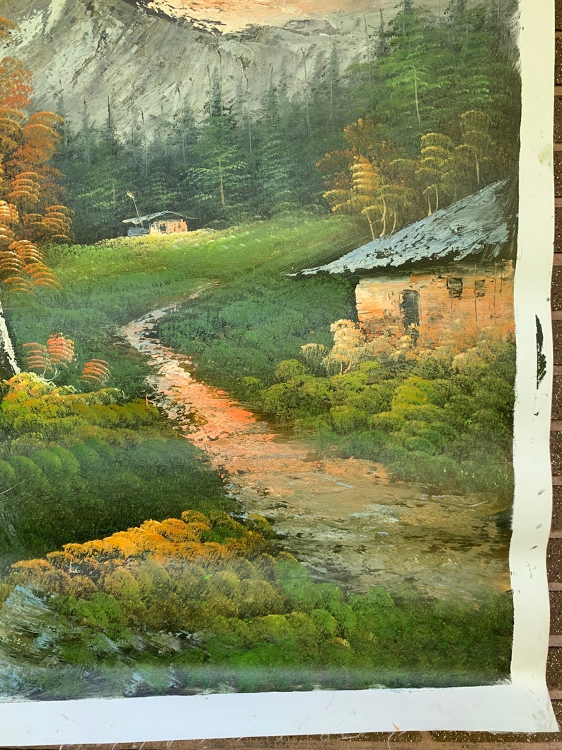 Vintage Cabin in the Woods Forest Mountains Painting, Large 36x48 ...