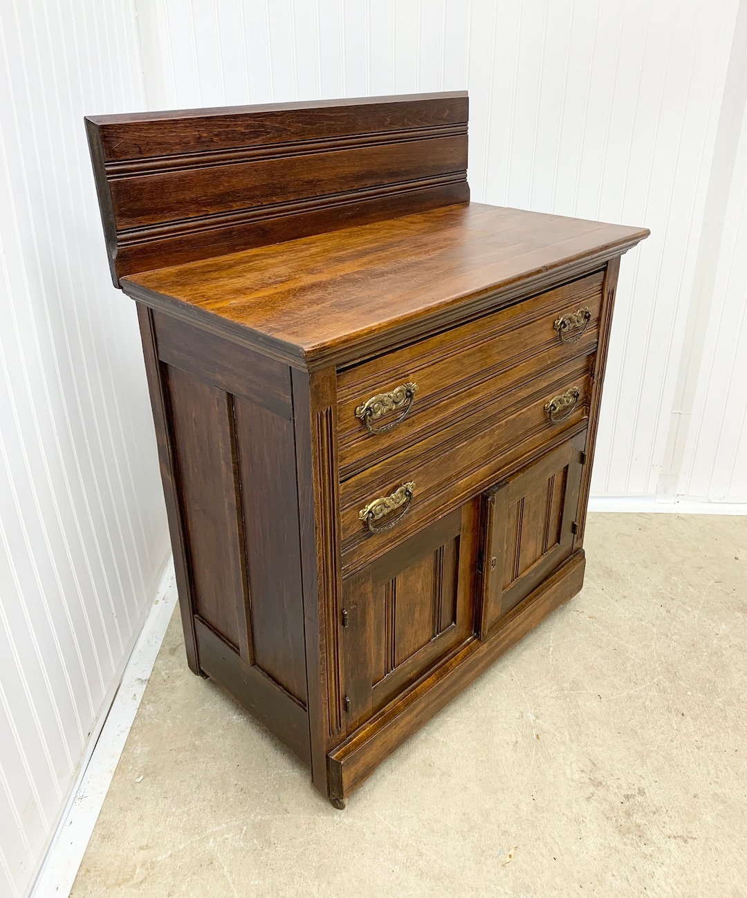 Antique 1880's Oak Washstand Double Drawer Storage Cubby Backsplash ...