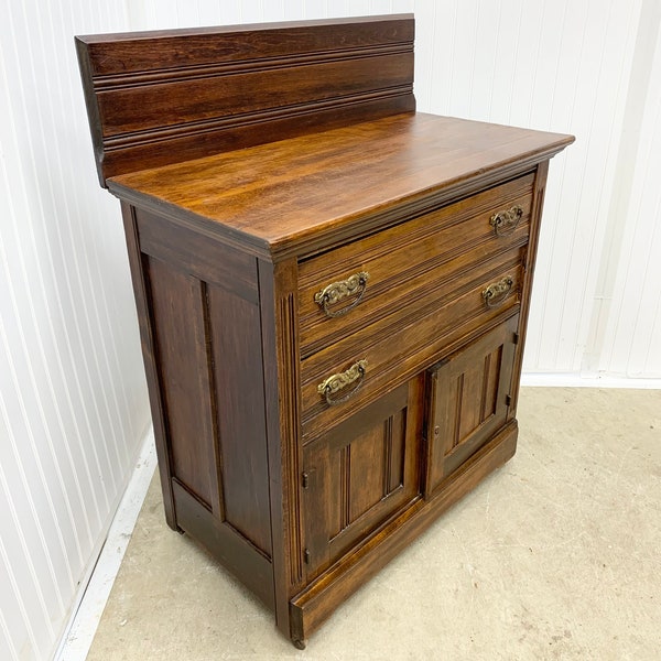 Antique 1880's Oak Washstand Double Drawer Storage Cubby Backsplash Farmhouse