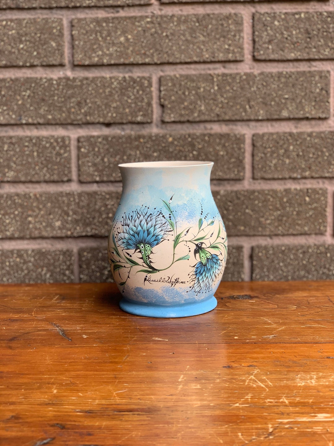 Vintage Hand Painted Vase With Blue Flowers, Artist Signed Mid Century ...