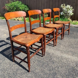 Set of 4 Antique 1800s Tiger Maple Dining Chairs, Curly Maple Rush Woven Wicker Seats