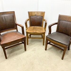 Lot of 3 Antique Banker Chairs Leather Upholstery Desk Office Furniture Vintage