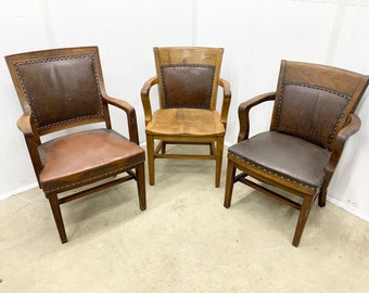 Lot of 3 Antique Banker Chairs Leather Upholstery Desk Office Furniture Vintage