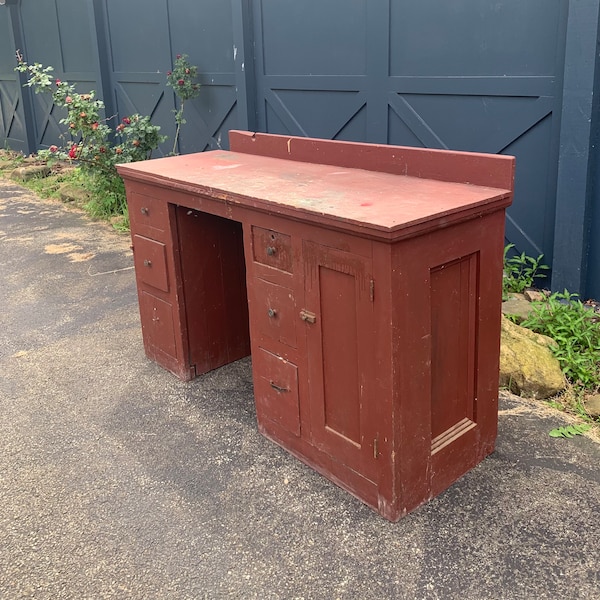 Antique Handmade Workbench Cabinet, Repurposed Crafting Desk with 6 Storage Drawers Jeweler Watchmaker