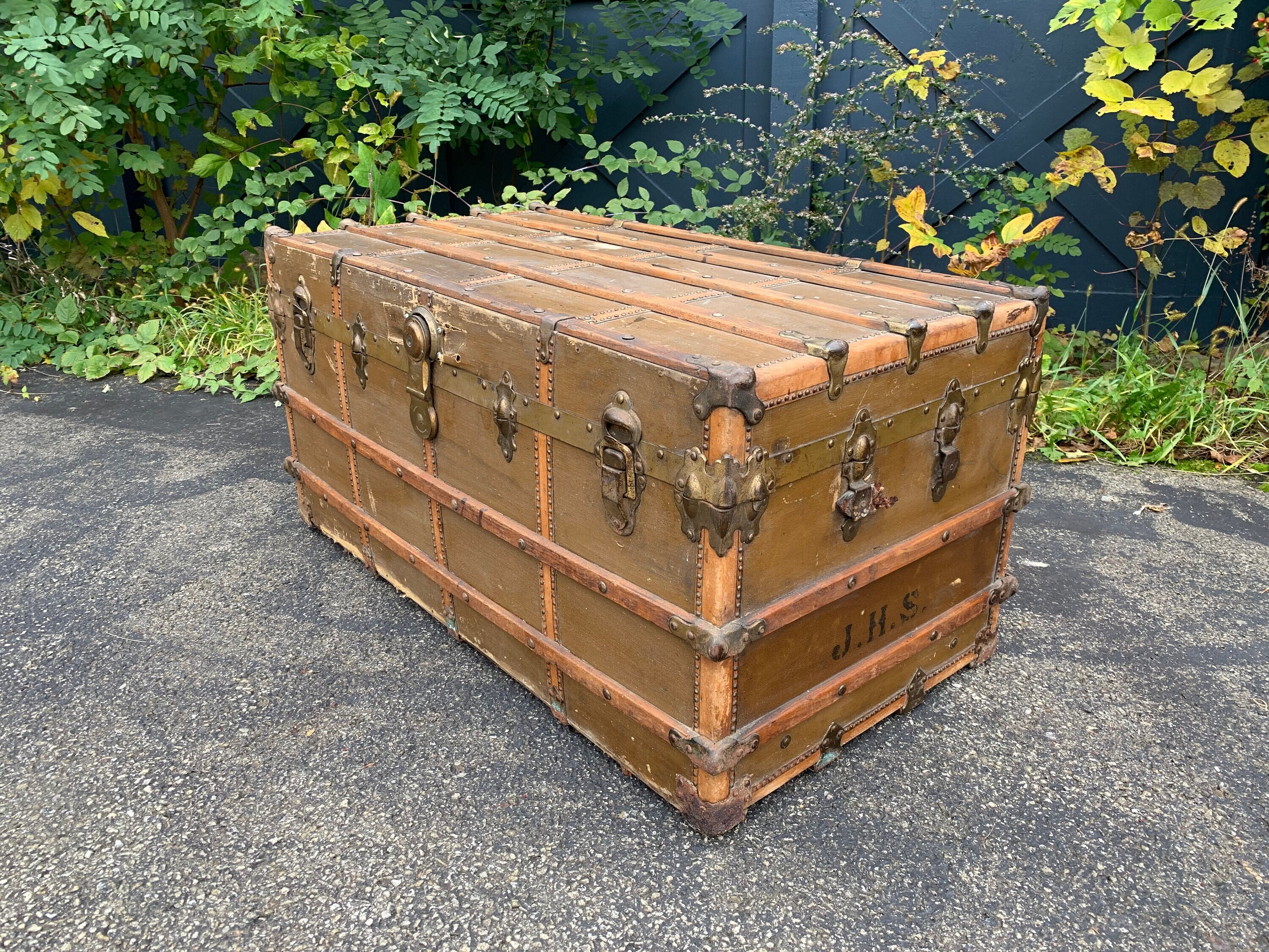Antique Early 1900s Flat Top Wood Leather & Metal Steamer Trunk