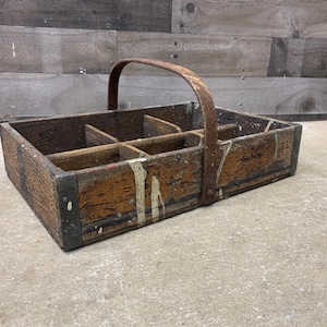 Antique Tool Caddy, Wood Storage Box with Metal Handle, Primitive Organizer