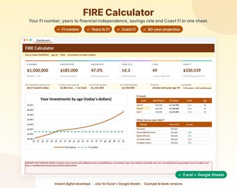 Puede incluir: Un panel digital FIRE Calculator para Excel y Google Sheets. La interfaz muestra métricas financieras que incluyen el número FI, la tasa de ahorro, los años hasta FI y Coast FI, con un gráfico lineal de crecimiento.