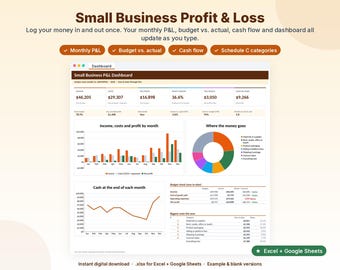 May include: A digital Small Business Profit & Loss dashboard template for Excel and Google Sheets. The interface displays financial data including income, costs, net profit, and cash flow through bar charts, a pie chart, and line graphs.