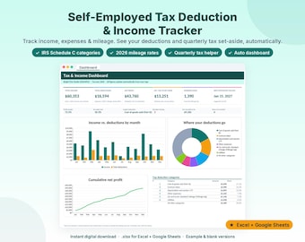 May include: A digital self-employed tax deduction and income tracker dashboard for Excel and Google Sheets. The interface displays financial metrics, monthly income versus deductions bar charts, a deduction pie chart, and net profit trends.