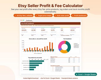 Puede incluir: Una interfaz de panel digital Etsy Seller Profit & Fee Calculator para Excel y Google Sheets. La pantalla muestra datos financieros que incluyen ventas brutas, beneficio neto, gráficos de desglose de tarifas y métricas de productos.