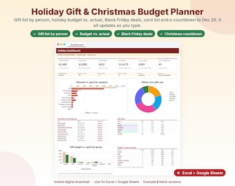 Puede incluir: Un panel digital de planificación de regalos navideños y presupuesto para Excel y Google Sheets. La interfaz muestra un panel festivo con seguimiento de presupuesto, listas de regalos, ofertas y cuenta regresiva.