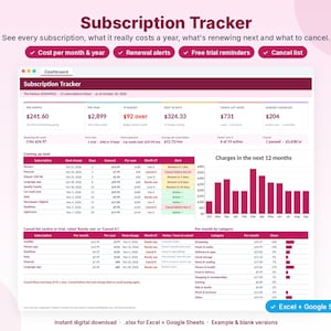 May include: A digital subscription tracker dashboard for Excel and Google Sheets. The interface displays financial data, including monthly and yearly costs, renewal alerts, and a cancel list. It features a bar chart for 12-month charges.