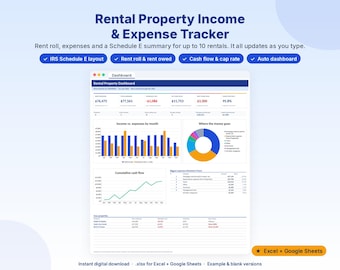May include: A digital rental property income and expense tracker spreadsheet for Excel and Google Sheets. The dashboard displays financial data including income, expenses, cash flow, and a pie chart, with text labels for IRS Schedule E layout and rent roll.