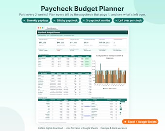 Puede incluir: Una hoja de cálculo digital Paycheck Budget Planner mostrada en una pantalla de ordenador. La interfaz presenta tablas para realizar un seguimiento de facturas, gastos e ingresos por nómina, incluyendo un gráfico de barras que compara dinero frente a facturas.