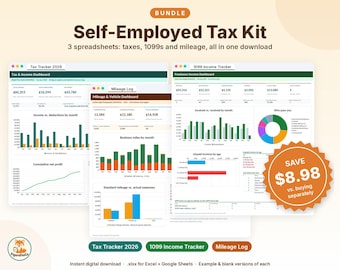 Puede incluir: Un paquete digital titulado Self-Employed Tax Kit que contiene tres hojas de cálculo: Tax Tracker 2026, 1099 Income Tracker y Mileage Log. La imagen muestra varios paneles financieros, gráficos de barras y circulares para el seguimiento de datos.