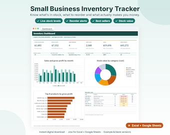 Puede incluir: Un panel de control digital de inventario para pequeñas empresas en Excel y Google Sheets. La interfaz muestra métricas de inventario, incluyendo valor de stock, ventas, beneficio bruto, un gráfico de barras mensual y un gráfico circular.