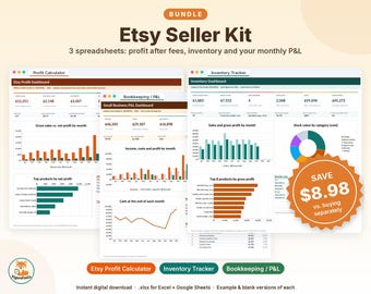 Puede incluir: Un kit para vendedores de Etsy que incluye tres hojas de cálculo digitales para el cálculo de beneficios, seguimiento de inventario y contabilidad. La interfaz muestra gráficos de datos, paneles financieros y tablas. Un gráfico de estrella naranja destaca un ahorro de 8,98 $.