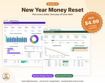 Puede incluir: Un paquete digital titulado New Year Money Reset que incluye un planificador de presupuesto y un rastreador de deudas. La interfaz muestra paneles financieros con gráficos de barras, gráficos circulares y tablas para el seguimiento.
