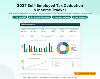 Puede incluir: Un panel digital de seguimiento de ingresos y deducciones fiscales para 2027 para Excel y Google Sheets. La interfaz muestra datos financieros, incluidos ingresos, deducciones, beneficios netos y gráficos.