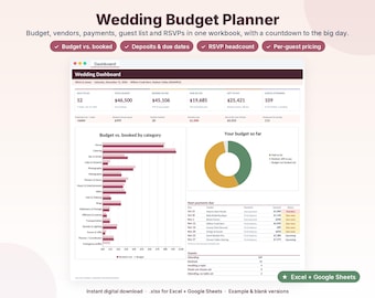 Puede incluir: Un planificador de presupuesto de bodas digital para Excel y Google Sheets. El panel muestra el presupuesto, pagos a proveedores, lista de invitados y seguimiento de RSVP con una cuenta regresiva, gráficos, tablas y resúmenes financieros.