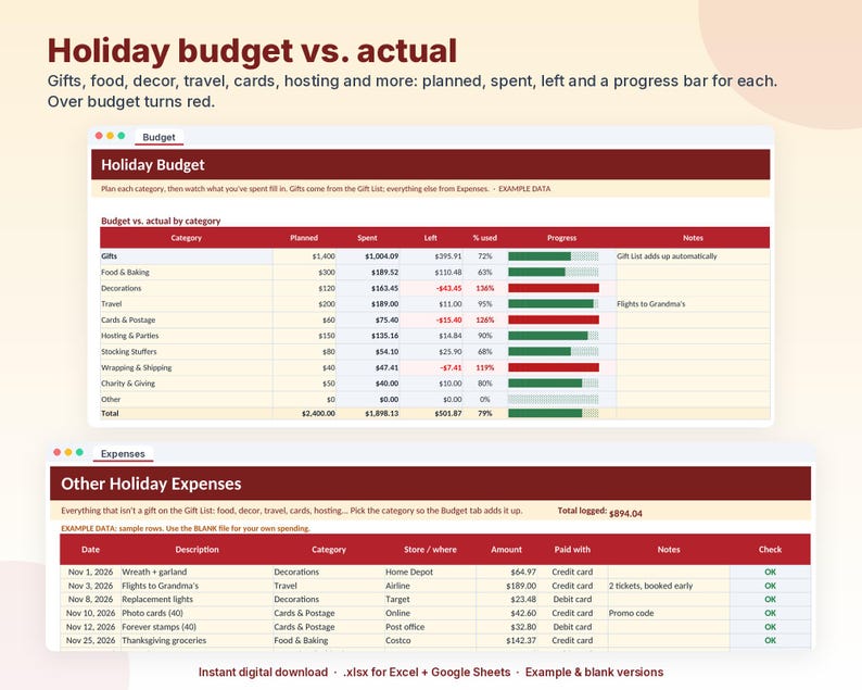 Progress Countdown Template Christmas Budget Planner Spreadsheet, Holiday Gift List Tracker, Black ...