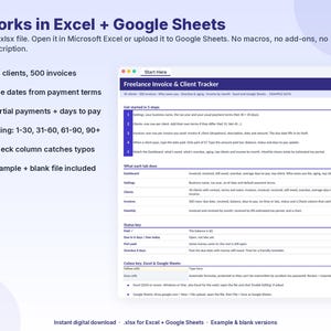 May include: A digital spreadsheet template for freelance invoice and client tracking, compatible with Excel and Google Sheets. The interface displays a five-step guide, status keys, and color-coded instructions for managing 40 clients and 500 invoices.