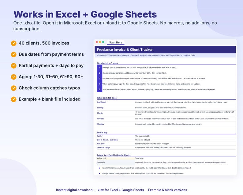May include: A digital spreadsheet template for freelance invoice and client tracking, compatible with Excel and Google Sheets. The interface displays a five-step guide, status keys, and color-coded instructions for managing 40 clients and 500 invoices.