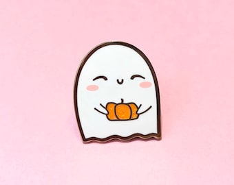 Ghostie Hard Enamel Lapel Pin, Spooky Halloween Ghost with Pumpkin, Happy Ghost