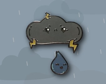 May include: A black and yellow cartoon cloud with a lightning bolt on each side and a blue cartoon raindrop with a smiling face.