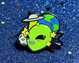 Alien Hard Enamel Lapel Pin - Cute Kawaii Green Alien Galaxy UFO - Happy Space E.T.