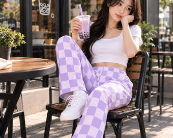 Lavender Checkerboard Wide Leg Pants, Pastel Purple Checkered Unisex Trousers, Boba Lover Gift, Taro Milk Tea Inspired Streetwear