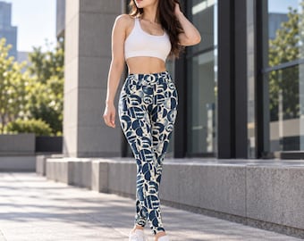 Japanese Shibori Yoga Leggings, High Waisted Indigo Tie Dye Print, Blue White Abstract Patterned Activewear
