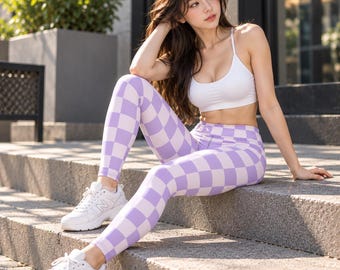 Lavender Checkerboard Yoga Leggings, High Waisted Pastel Purple Checkered Pants, Boba Lover Gift, Taro Milk Tea Inspired Activewear