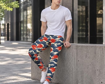 Japanese Wave Joggers For Men, Men's Indigo Ocean Sweatpants, Rising Sun Seigaiha Pattern, Ukiyo-e Inspired Streetwear
