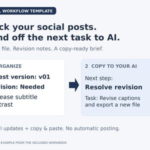 Social Media Content Workflow Tracker for Excel | Revisions, Latest Files and AI Handoff
